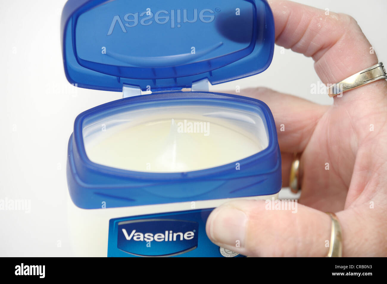 a jar of vaseline with lid open Stock Photo