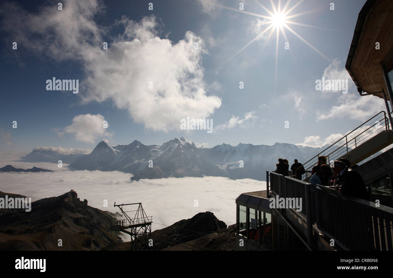 The Piz Gloria is reached by the Schilthorn Cable Car near Murren, Switzerland. Piz Gloria was used in a James Bond Film. Stock Photo