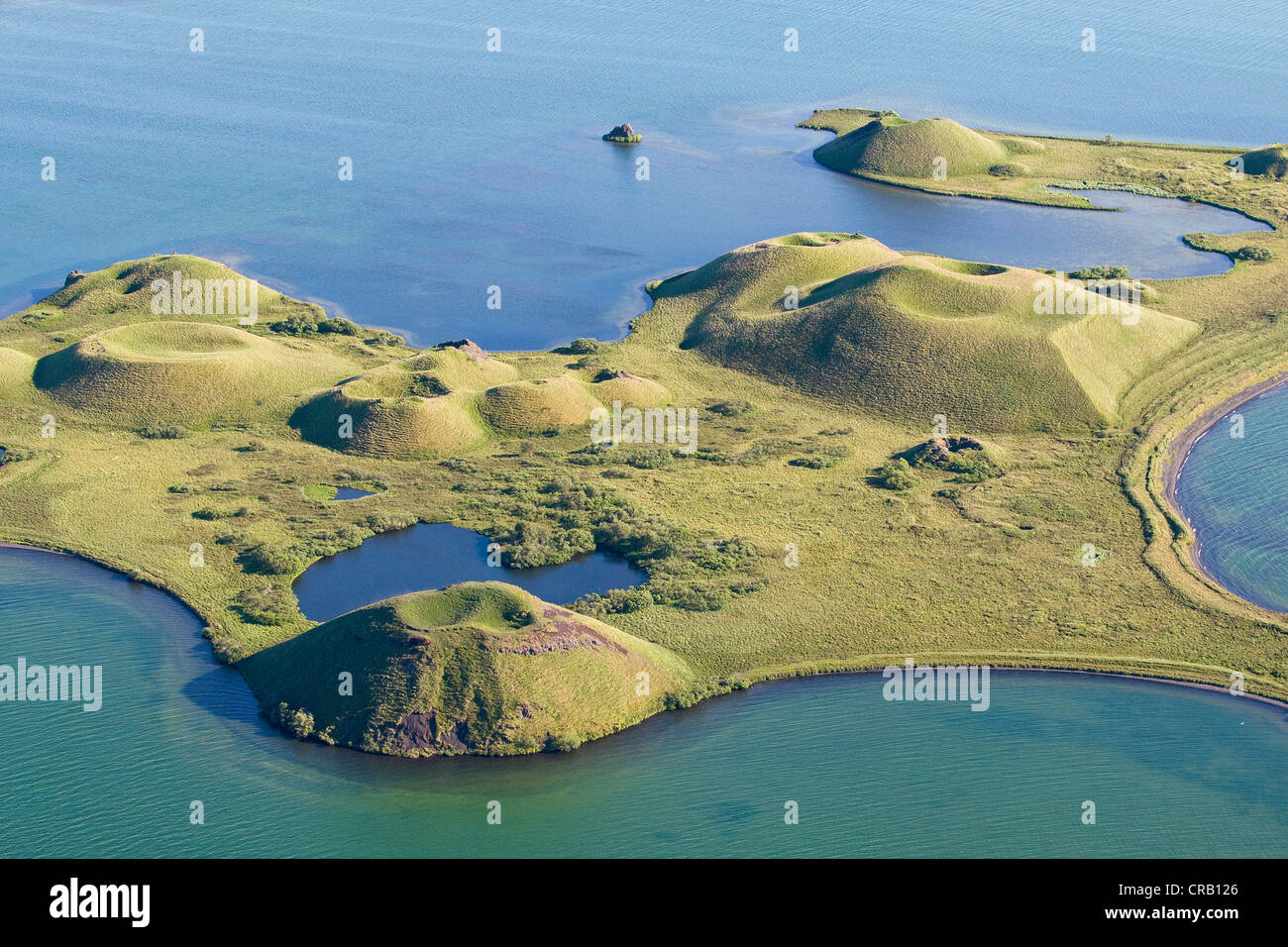 Aerial view, pseudo crater at Skútustaðir on Lake Myvatn, North Iceland, Iceland, Europe Stock Photo