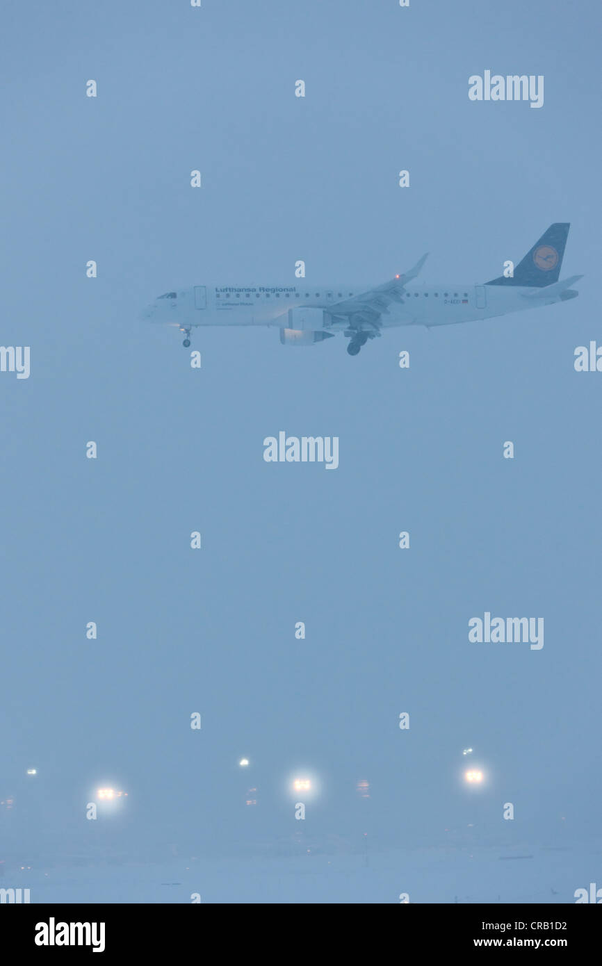 Lufthansa plane landing in heavy snow at Frankfurt Airport, Frankfurt am Main, Hesse, Germany, Europe Stock Photo