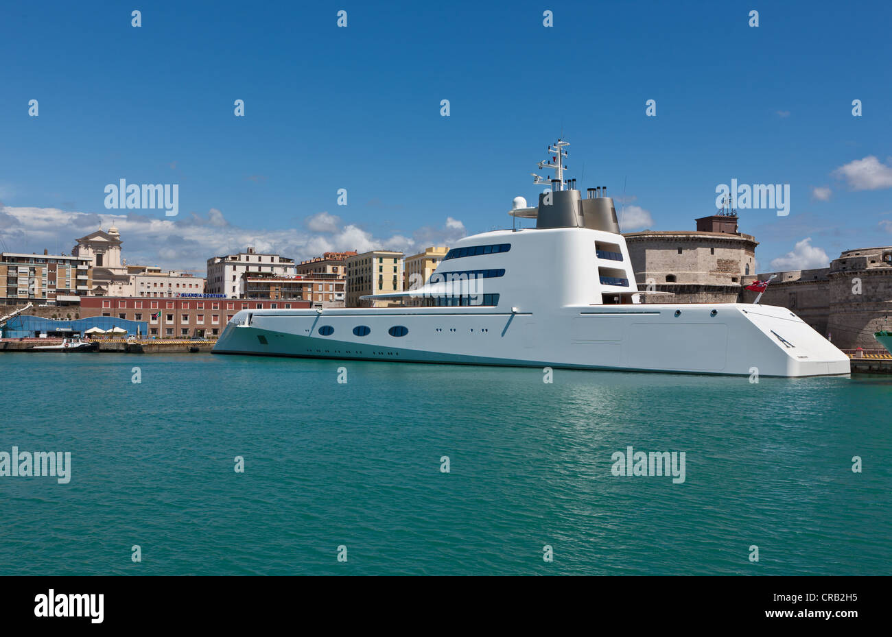 Mega yacht belonging to the billionaire Andrei Melnichenko, designed by Philippe Starck, in the port of Civitavecchia, Rome Stock Photo