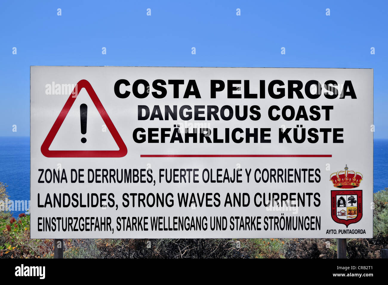 Warning Sign, Dangerous Coast, Punta Gorda, La Palma, La Isla Verde, La Isla Bonita, Canary Islands, Islas Canarias, Spain Stock Photo