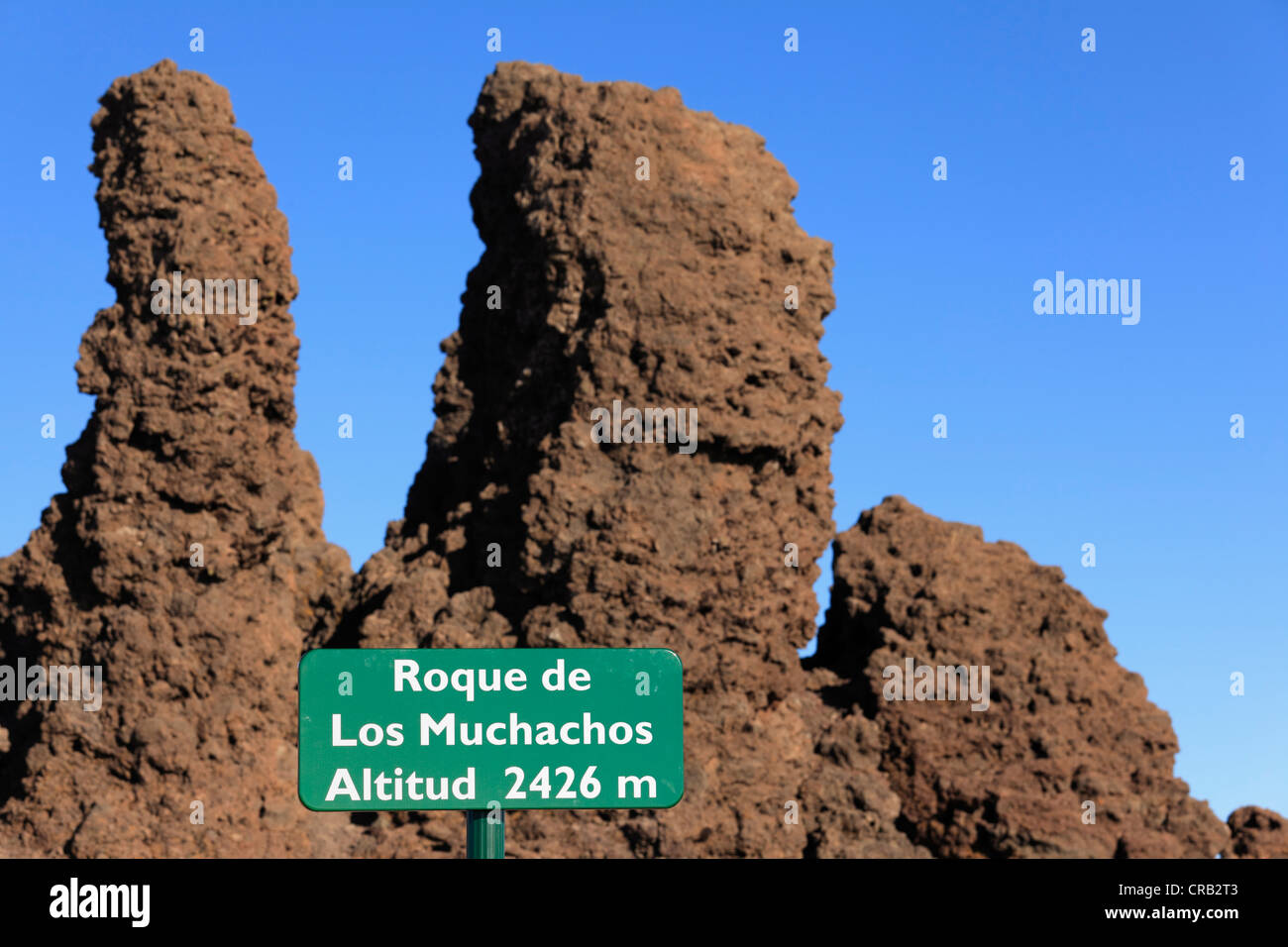 Summit of Roque de los Muchachos Mountain, sign indicating the altitude, volcanic island of La Palma, La Isla Verde Stock Photo