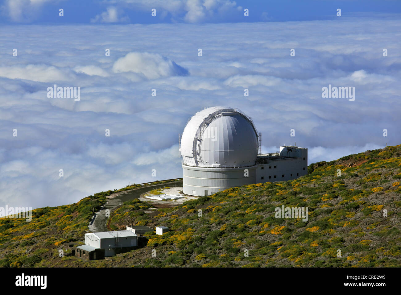 Mountain Roque de los Muchachos, view from the top over the clouds, William Herschel Telescope, observatory Observatorio del Stock Photo