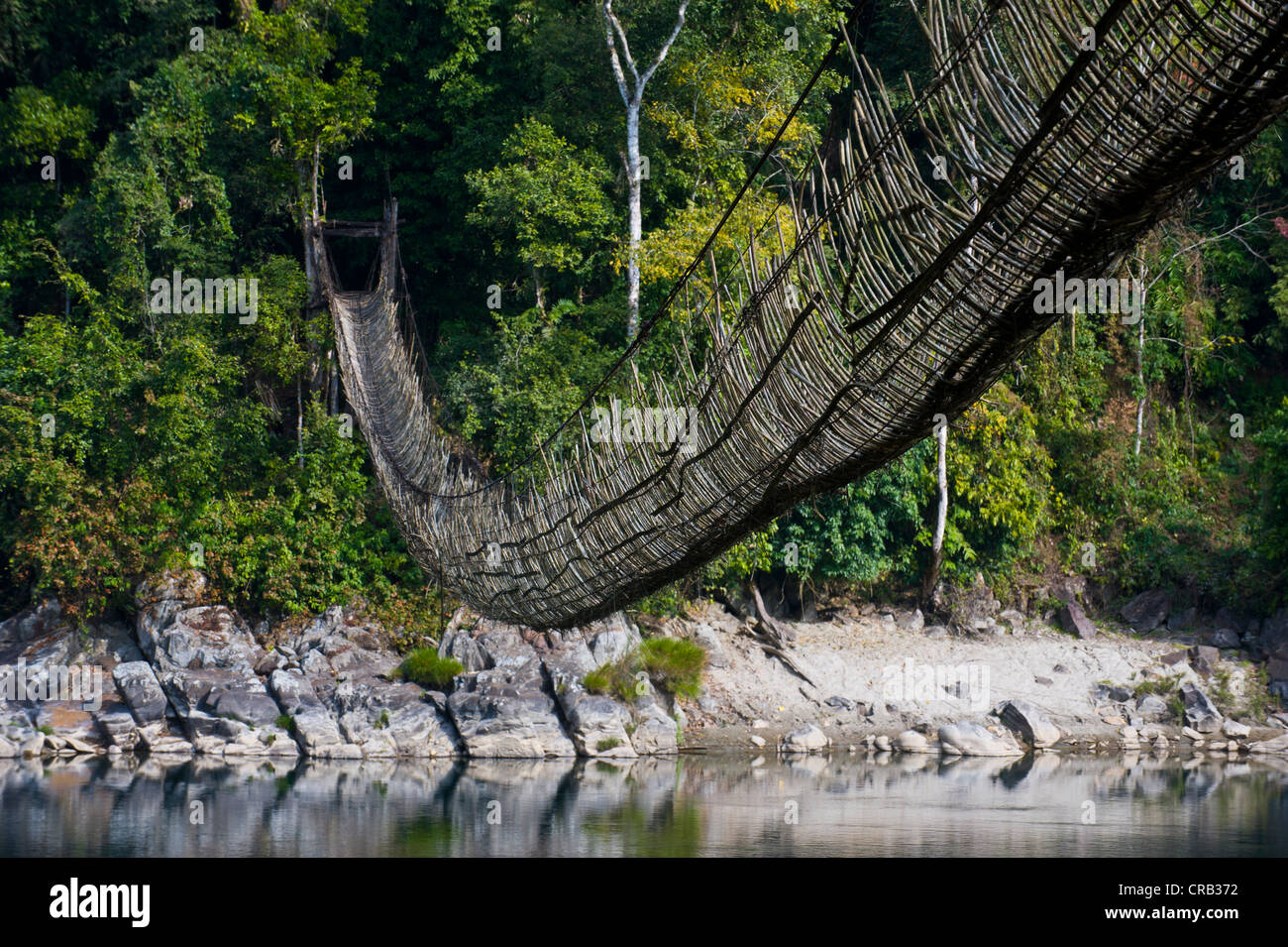 Extremely long hanging suspension bridge made of bamboo, Along, Arunachal Pradesh, North East India, India, Asia Stock Photo