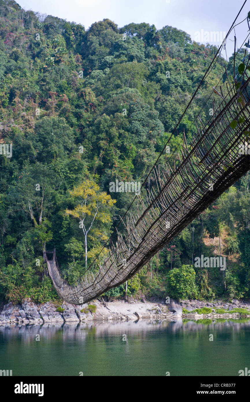 Extremely long hanging suspension bridge made of bamboo, Along, Arunachal Pradesh, North East India, India, Asia Stock Photo