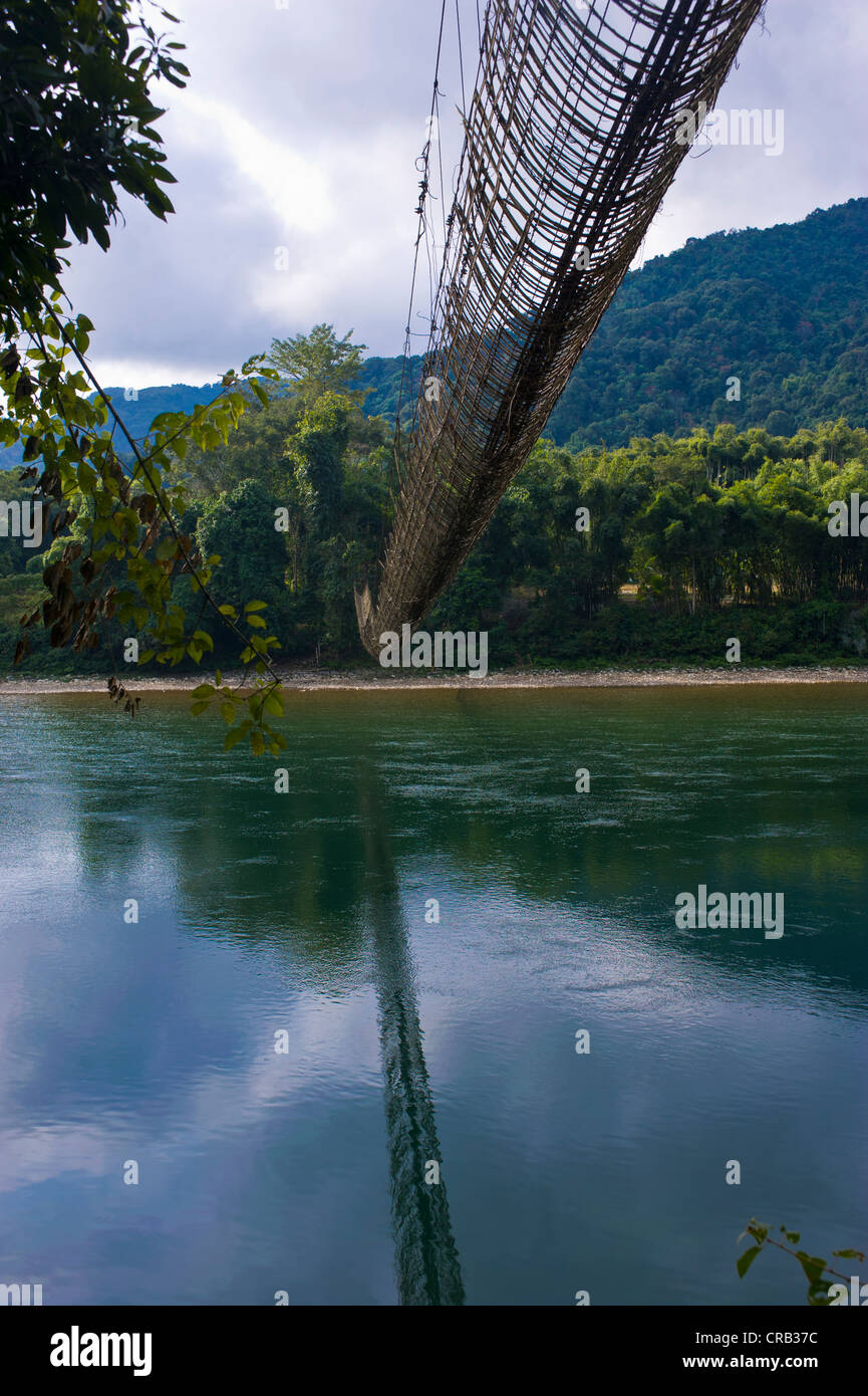 Extremely long hanging suspension bridge made of bamboo, Along, Arunachal Pradesh, North East India, India, Asia Stock Photo