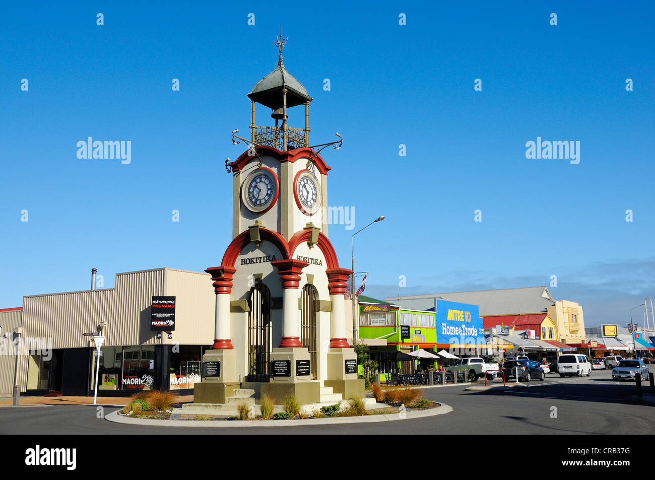 Clock tower in the main street of the town of Hokitika, West Coast of the South Island of New Zealand Stock Photo