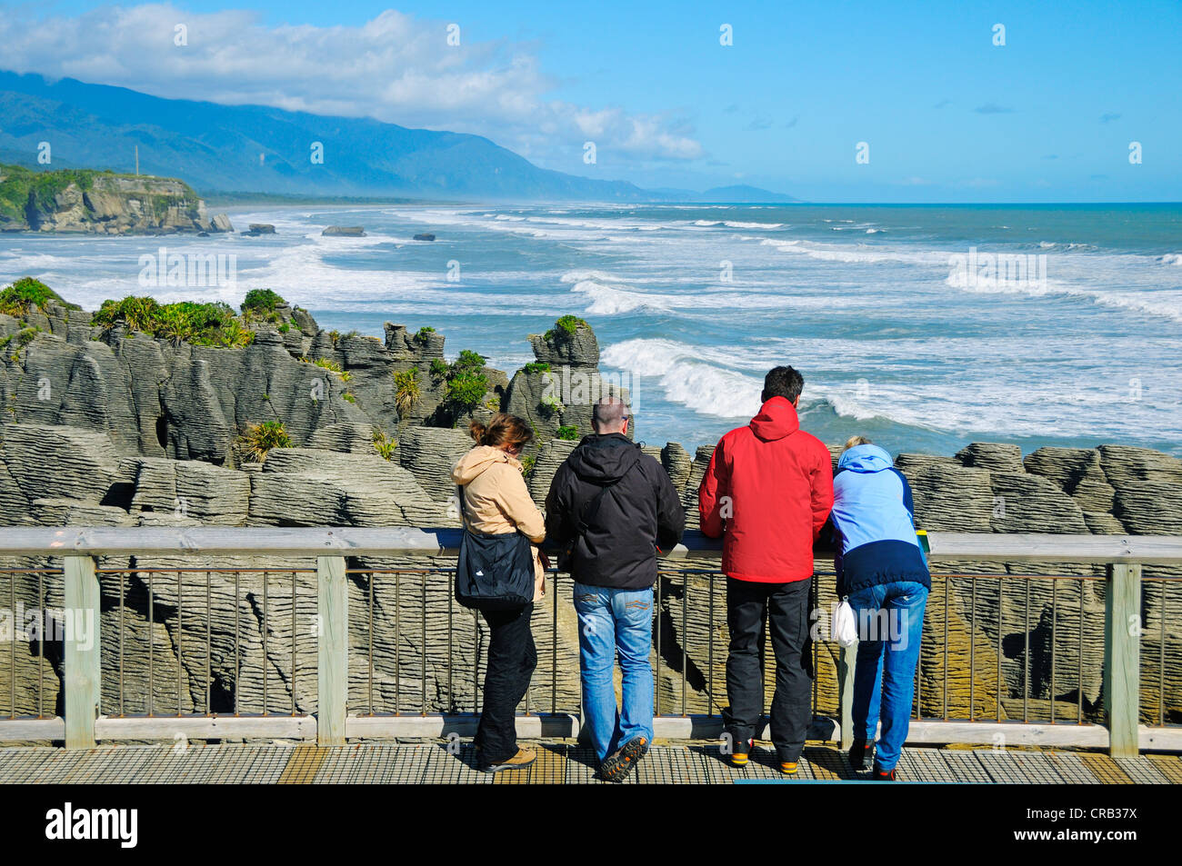 Tourists visiting the Pancake Rocks rock formations, Punakaiki, Paparoa National Park, South Island, New Zealand Stock Photo