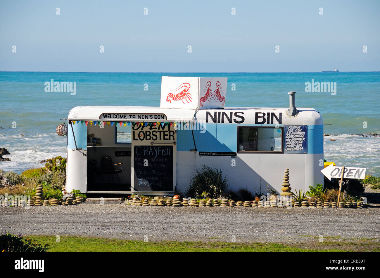 Takeaway offering spiny lobsters, seafood and fish, Kaikoura, South Island, New Zealand Stock Photo