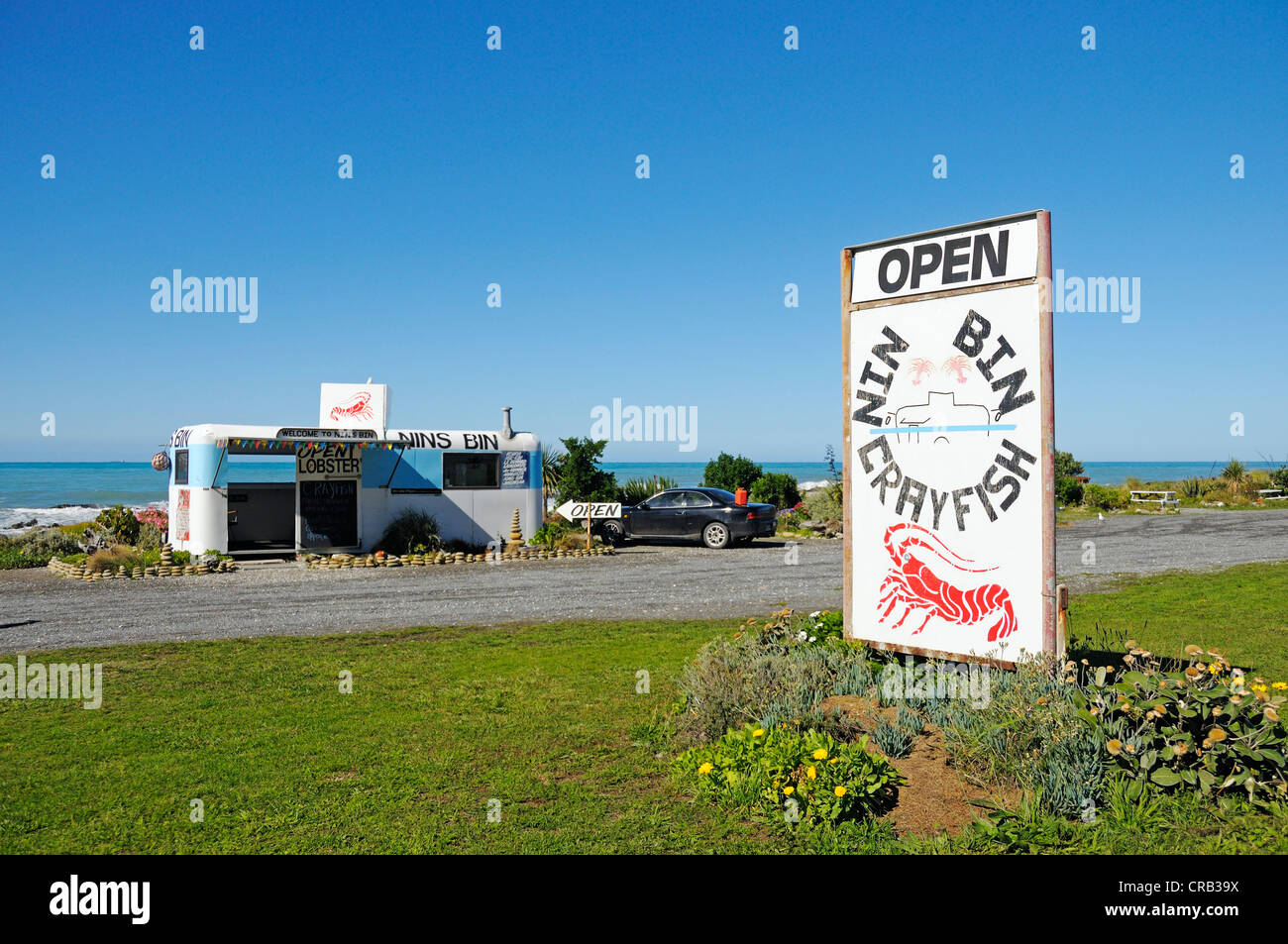 Takeaway offering spiny lobsters, seafood and fish, Kaikoura, South Island, New Zealand Stock Photo
