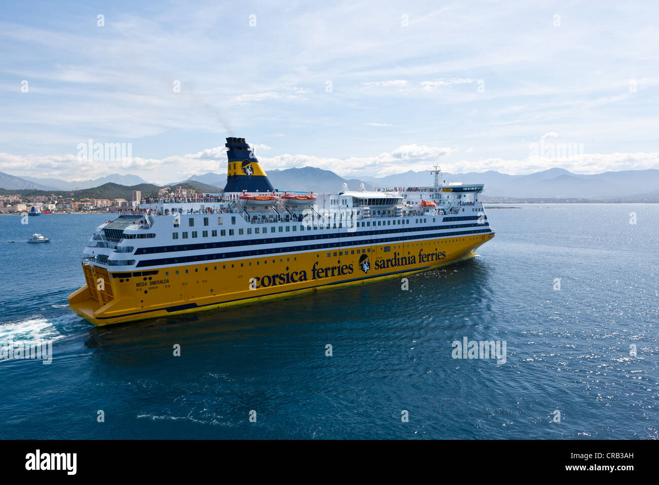 A ferry of Corsica Ferries leaving the port of Ajaccio, Corsica, France, Europe Stock Photo
