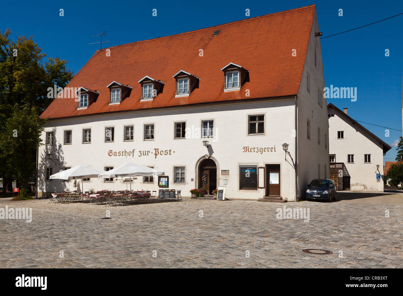 'Zur Post', inn and butcher's shop, Steingaden, Upper Bavaria, Bavaria, Germany, Europe, PublicGround Stock Photo