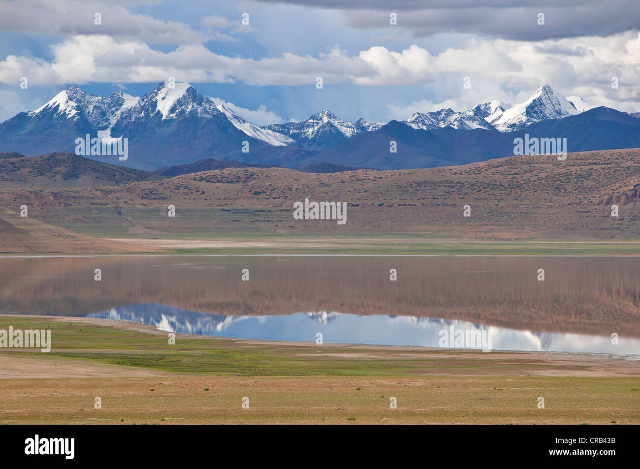 High alpine mountain lake in front of the Himalayas along the southern route into Western Tibet, Tibet, Asia Stock Photo