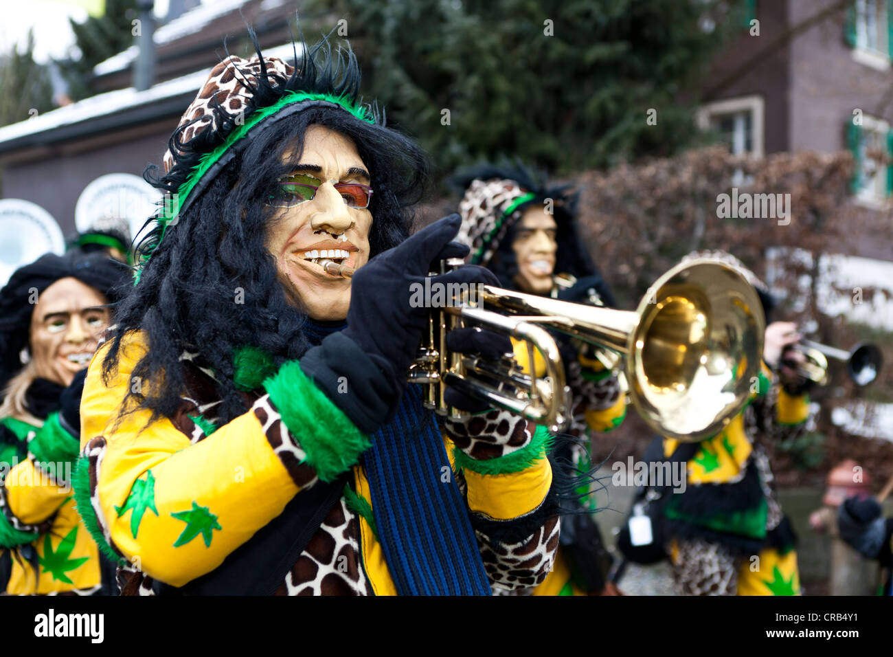 Guggenmusik group, carnival marching band, in costume for "Jamaican