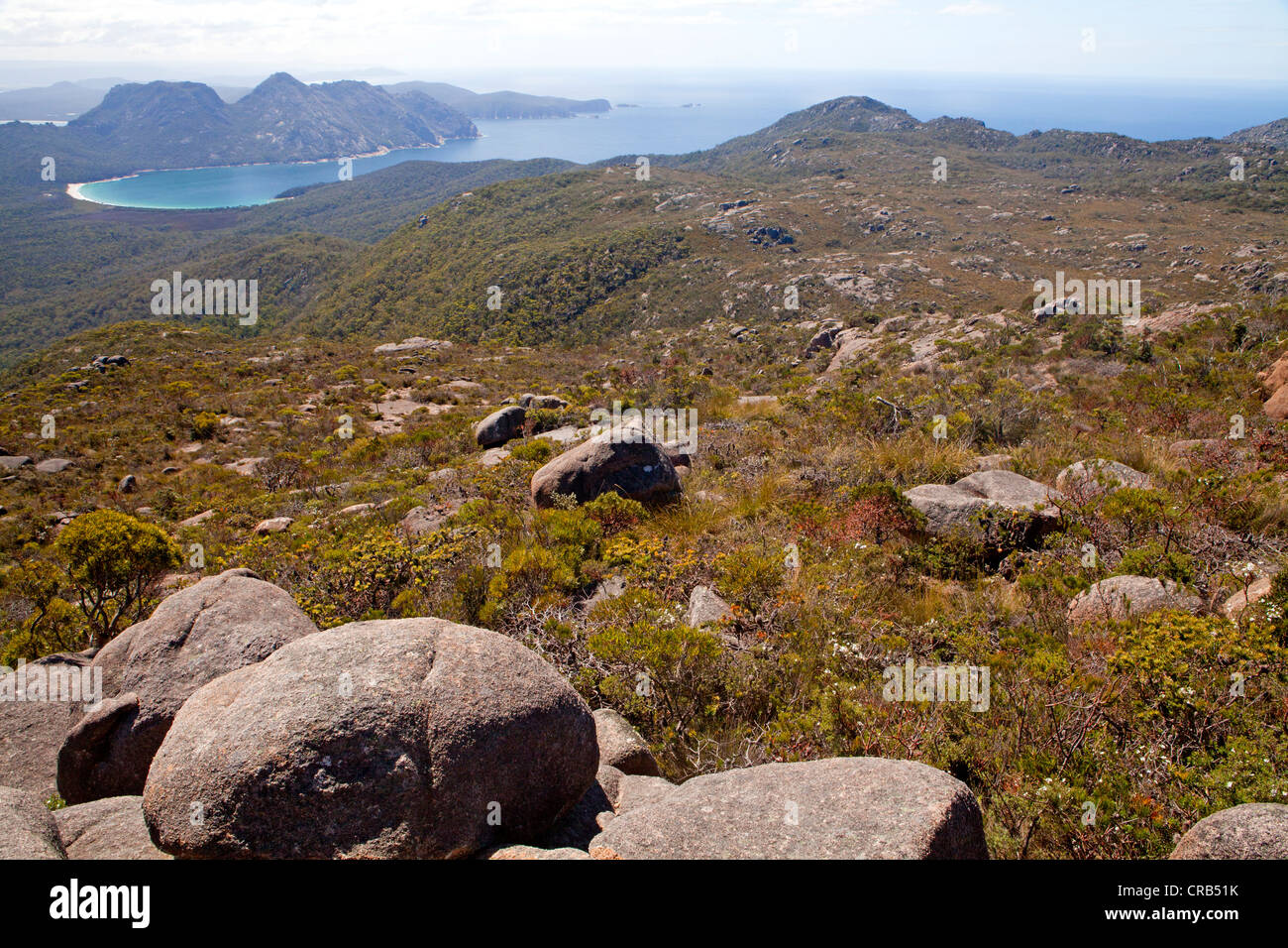 View to Wineglass Bay and the Hazards from Mt Graham in Freycinet National Park Stock Photo