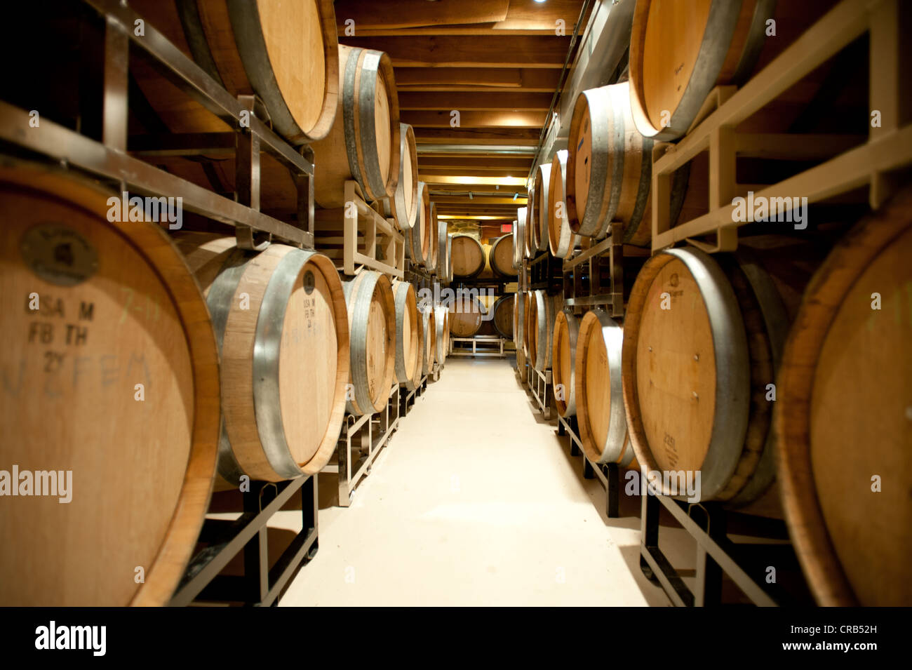 Stacked wooden barrels containing wine in wine cellar Stock Photo - Alamy