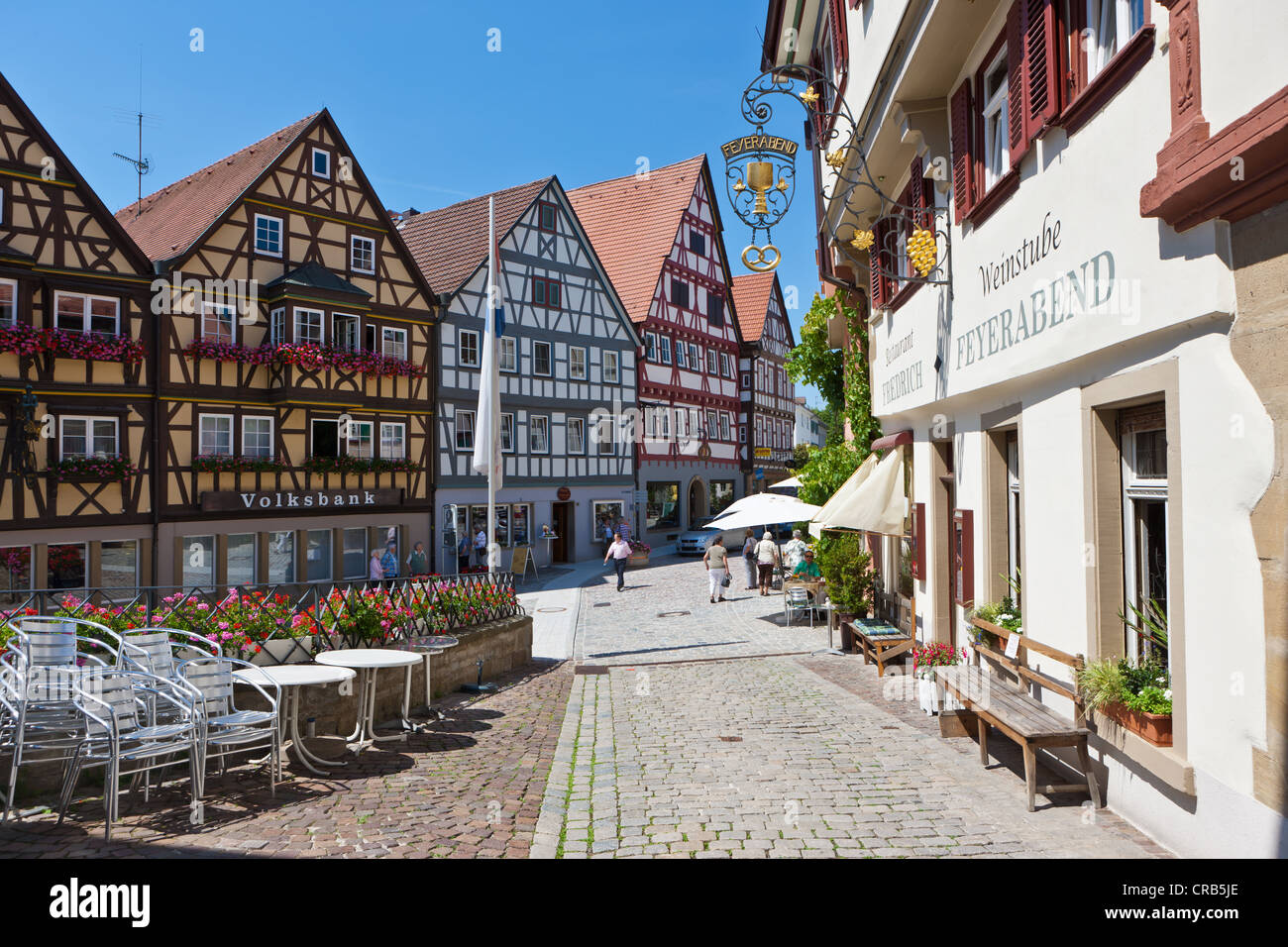 Franconian half-timbered buildings with a wine bar, historic town centre of Bad Wimpfen, Neckartal, Baden-Wuerttemberg Stock Photo