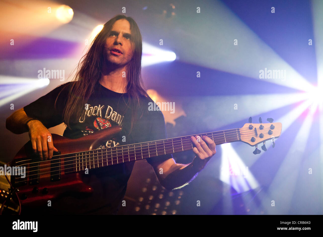 Bass guitarist of the U.S. heavy metal band Crimes of Passion, performing live at the Schueuer in Lucerne, Switzerland, Europe Stock Photo
