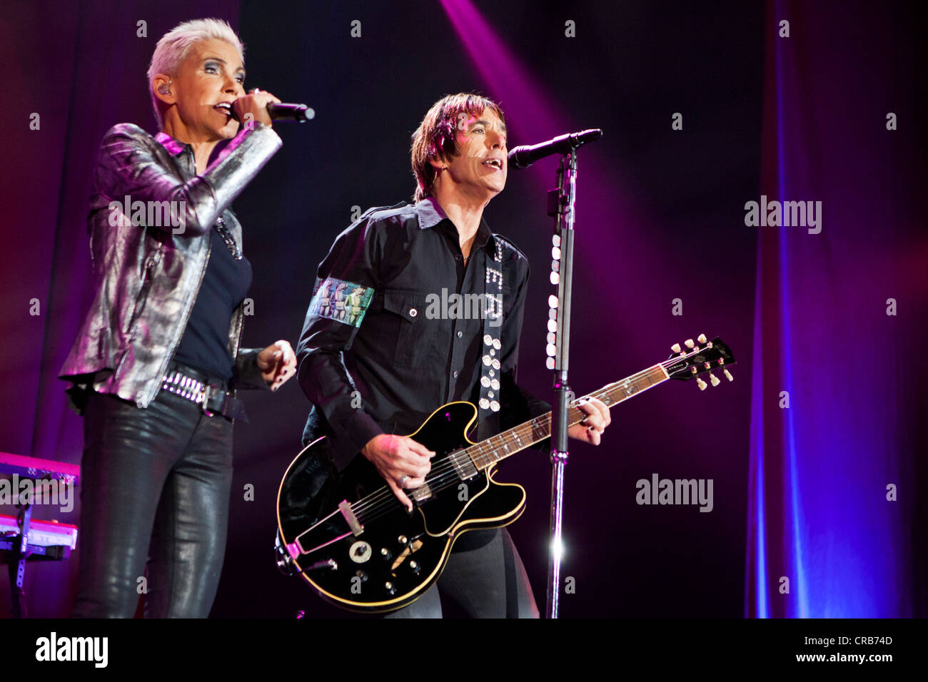 Swedish pop duo 'Roxette' with Marie Fredriksson and Per Gessle playing live at Hallenstadion in Zurich, Switzerland, Europe Stock Photo