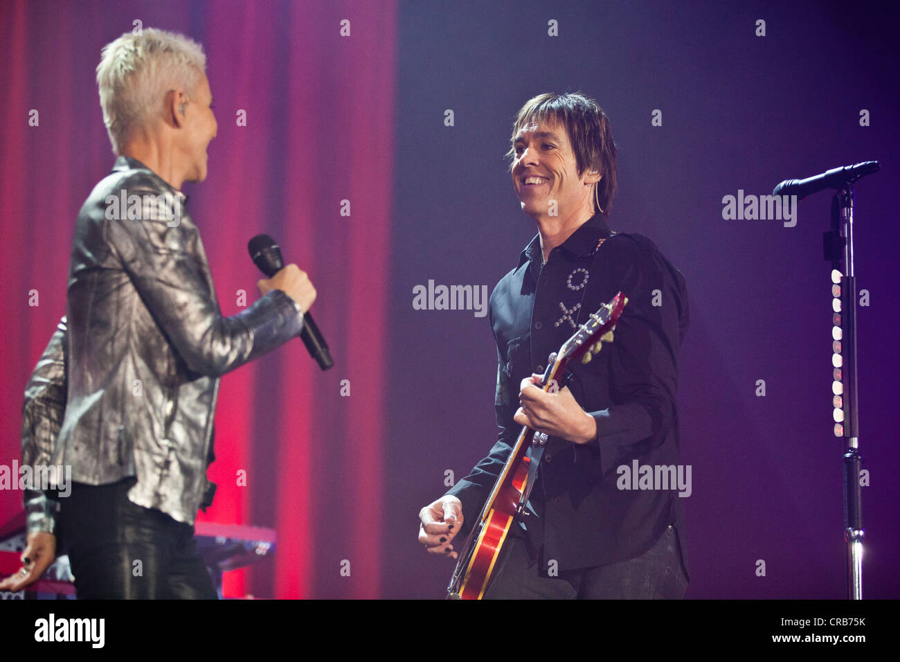 Swedish pop duo 'Roxette' with Marie Fredriksson and Per Gessle playing live at Hallenstadion in Zurich, Switzerland, Europe Stock Photo