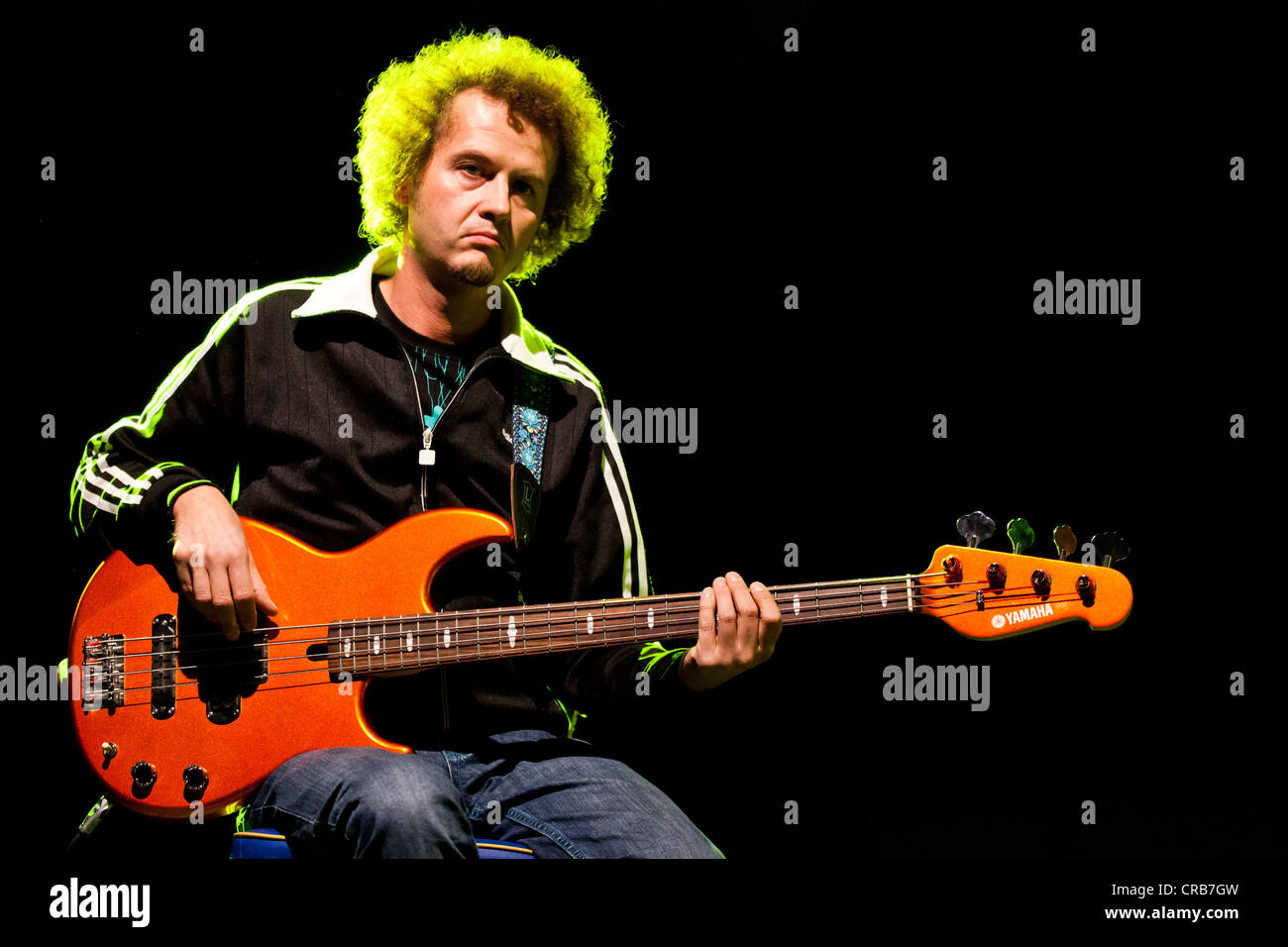 Manfred Puchner, bassist and guitarist of the Bavarian-German singer-songwriter Hans Soellner, performing live in the Schueuer Stock Photo
