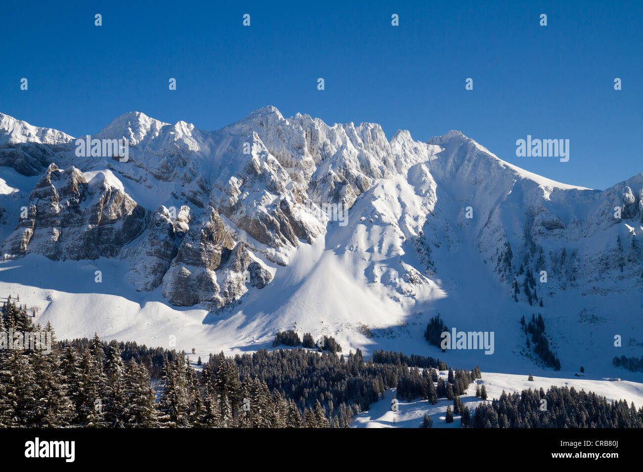 Saentis Massif, ridge with packed snow, Canton of St. Gallen, Switzerland, Europe Stock Photo
