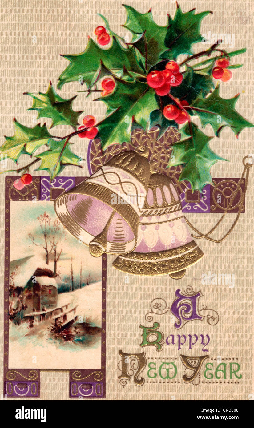 A Happy New Year - vintage card Stock Photo