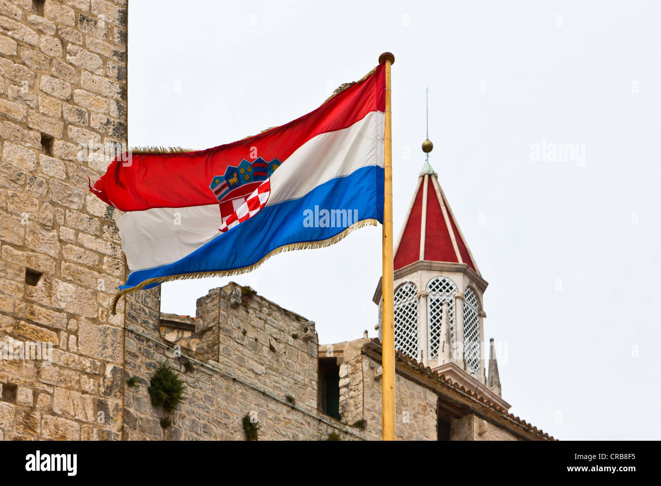 Croatian flag, historic town centre, UNESCO World Heritage Site, Trogir, Split region, Central Dalmatia, Dalmatia Stock Photo