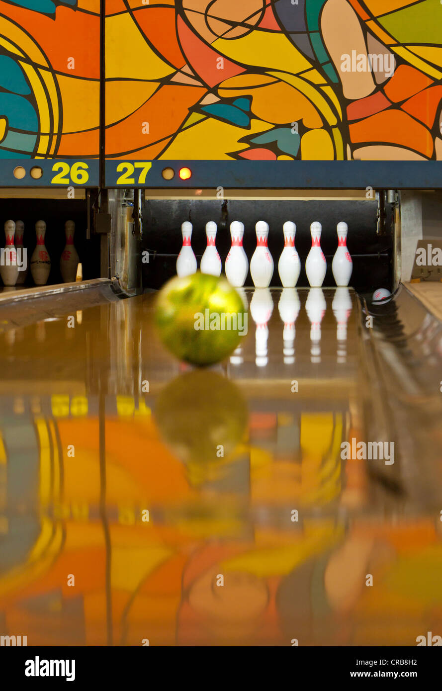 Bowling ball rolling towards the bowling pins, bowling centre, Germany