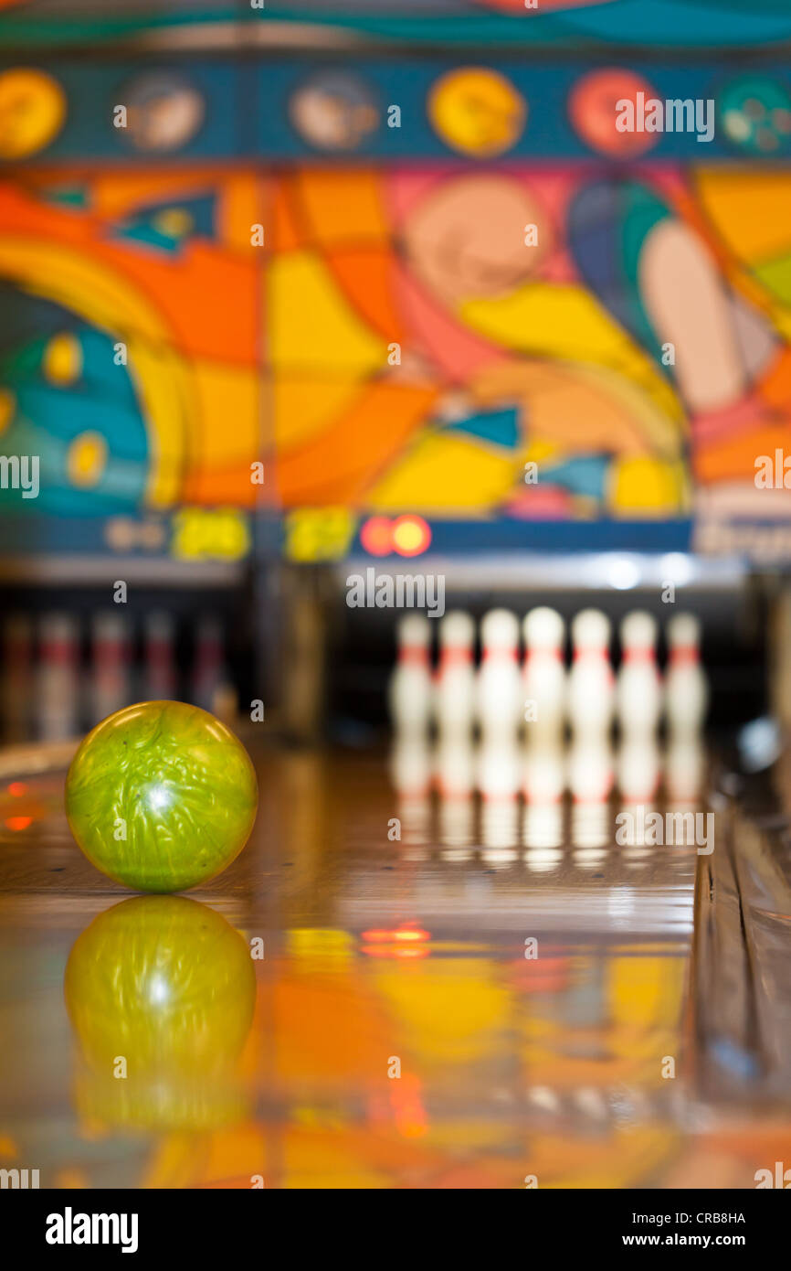 Bowling ball rolling towards the bowling pins, bowling centre, Germany