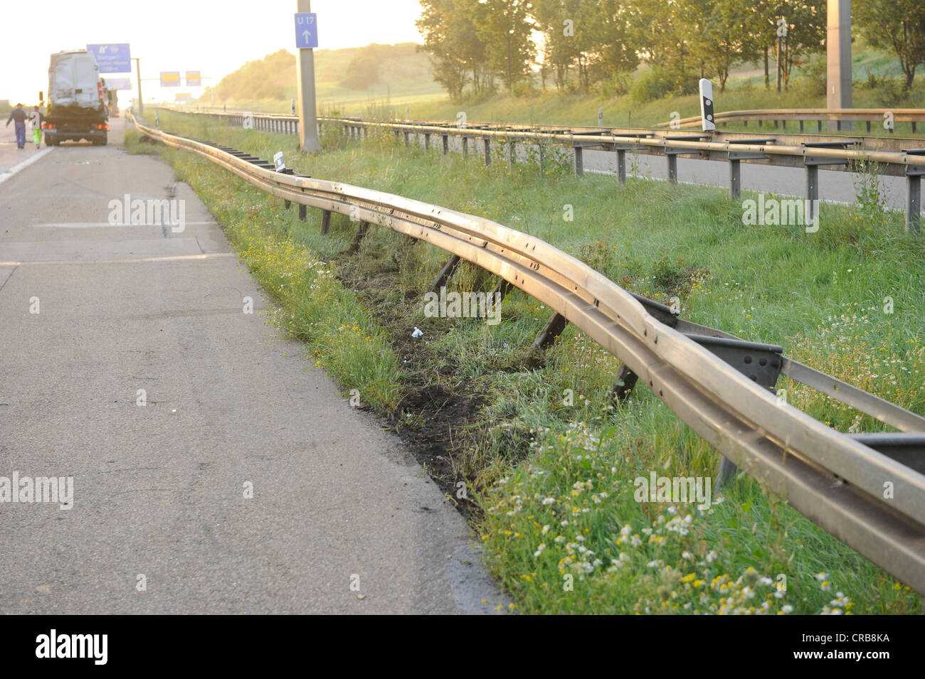 A guardrail damaged by an accident on the A8 motorway, Stuttgart, Baden