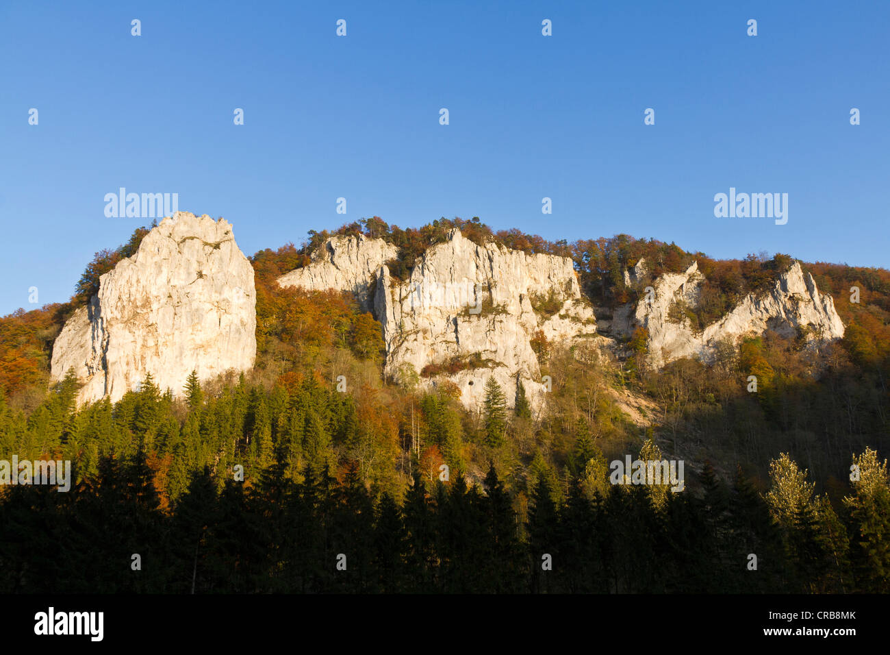 Zuckerhut Fels, sugar loaf rock and Paulusfels rock near Beuron, Upper Danube Nature Park, Upper Danube Valley Stock Photo