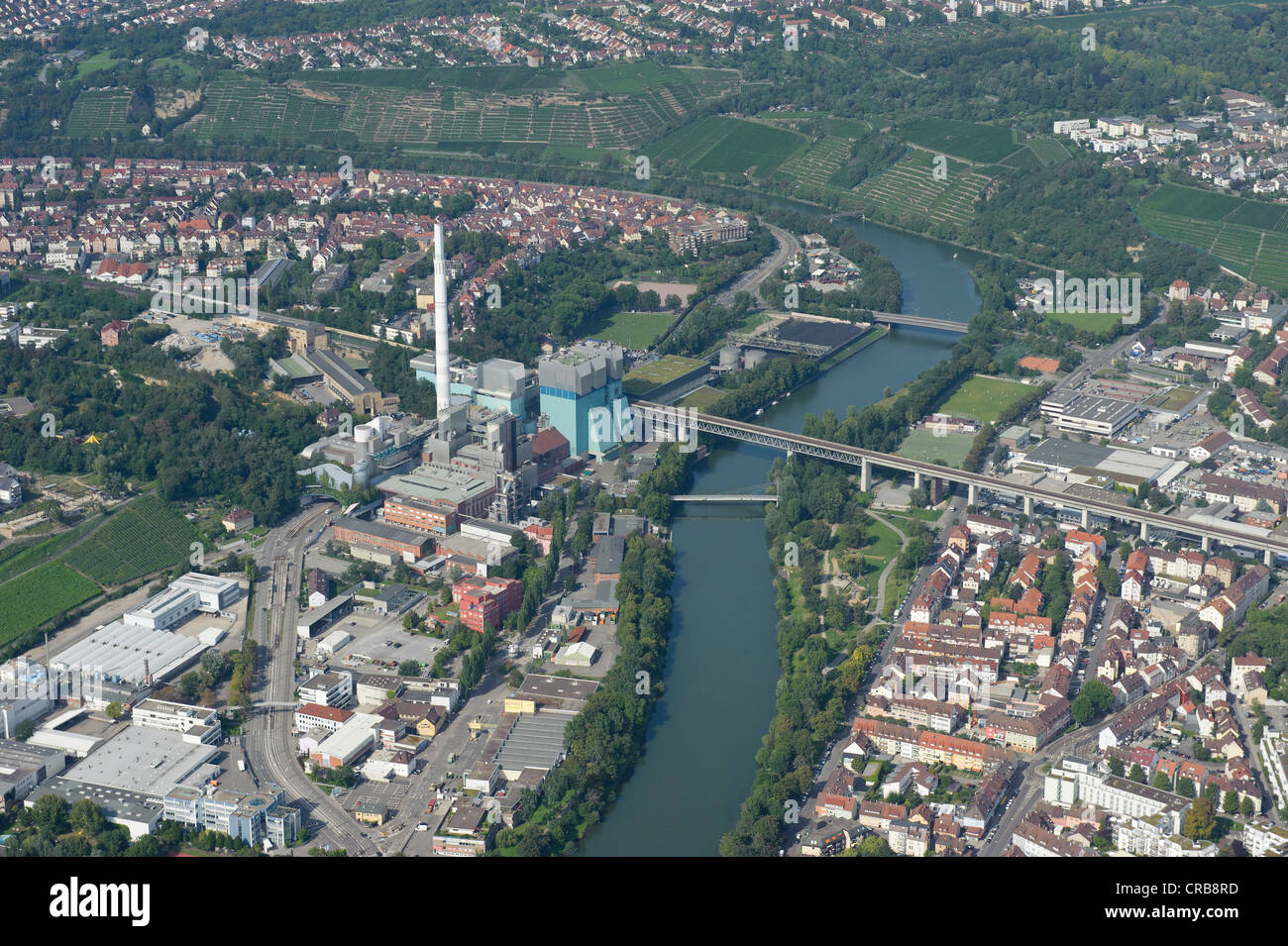 Aerial view, Neckar river and Stuttgart-Muenster waste incineration ...