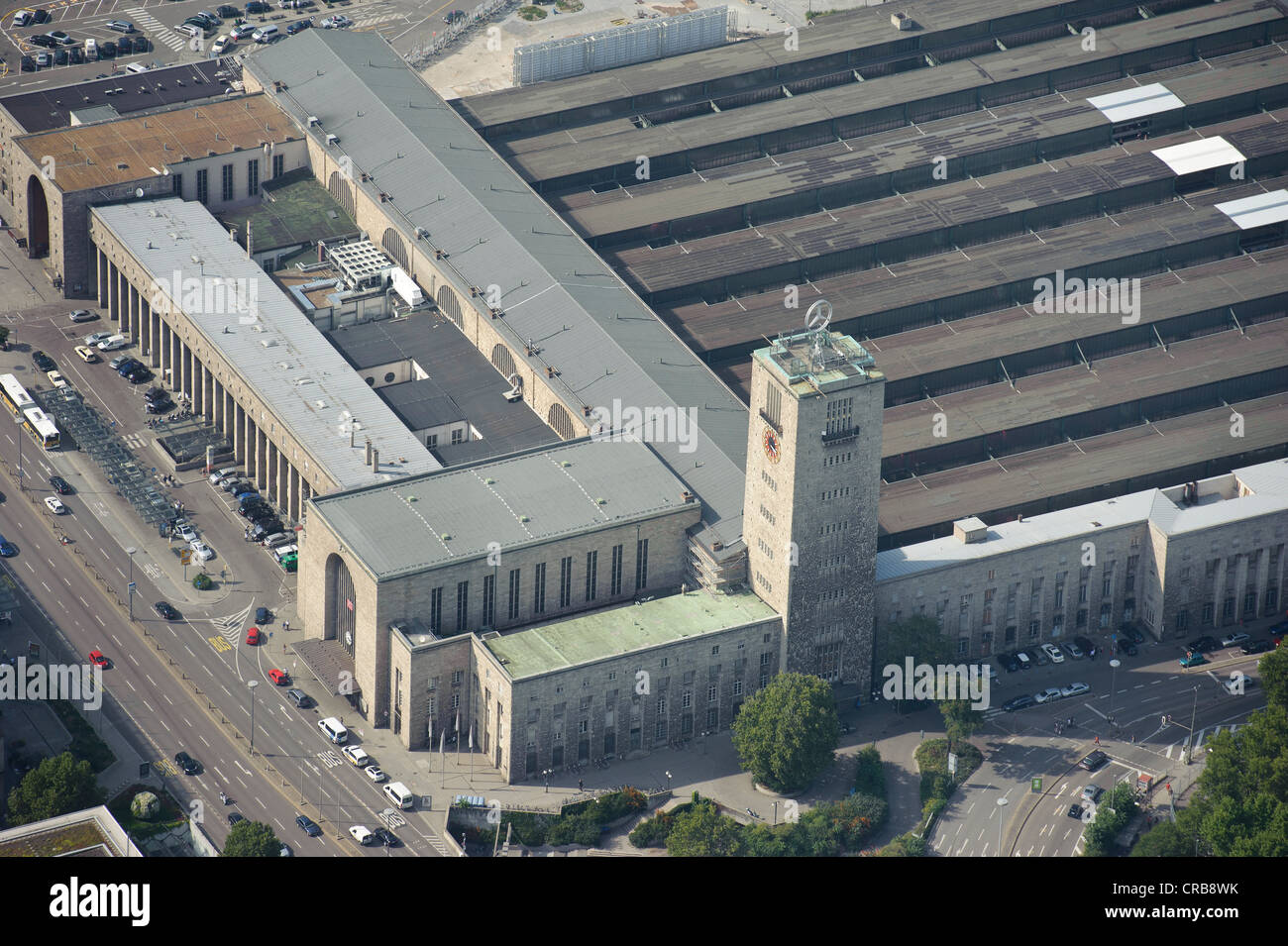 Aerial view, main station with station tower and the railway tracks that will be replaced by the Stuttgart21 project, Stuttgart Stock Photo