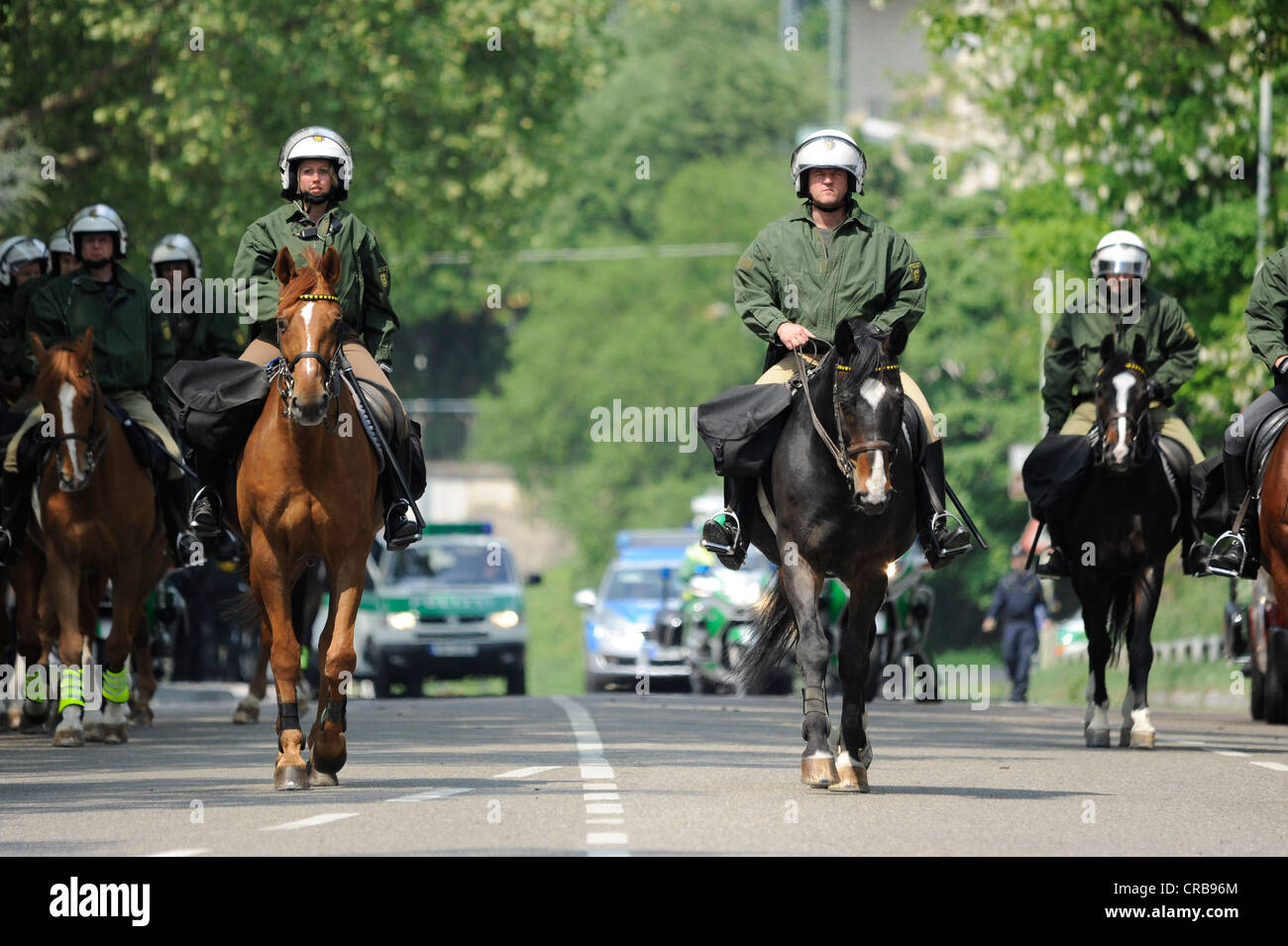 1st May rally, mounted police, Heilbronn, Baden-Wuerttemberg, Germany, Europe Stock Photo