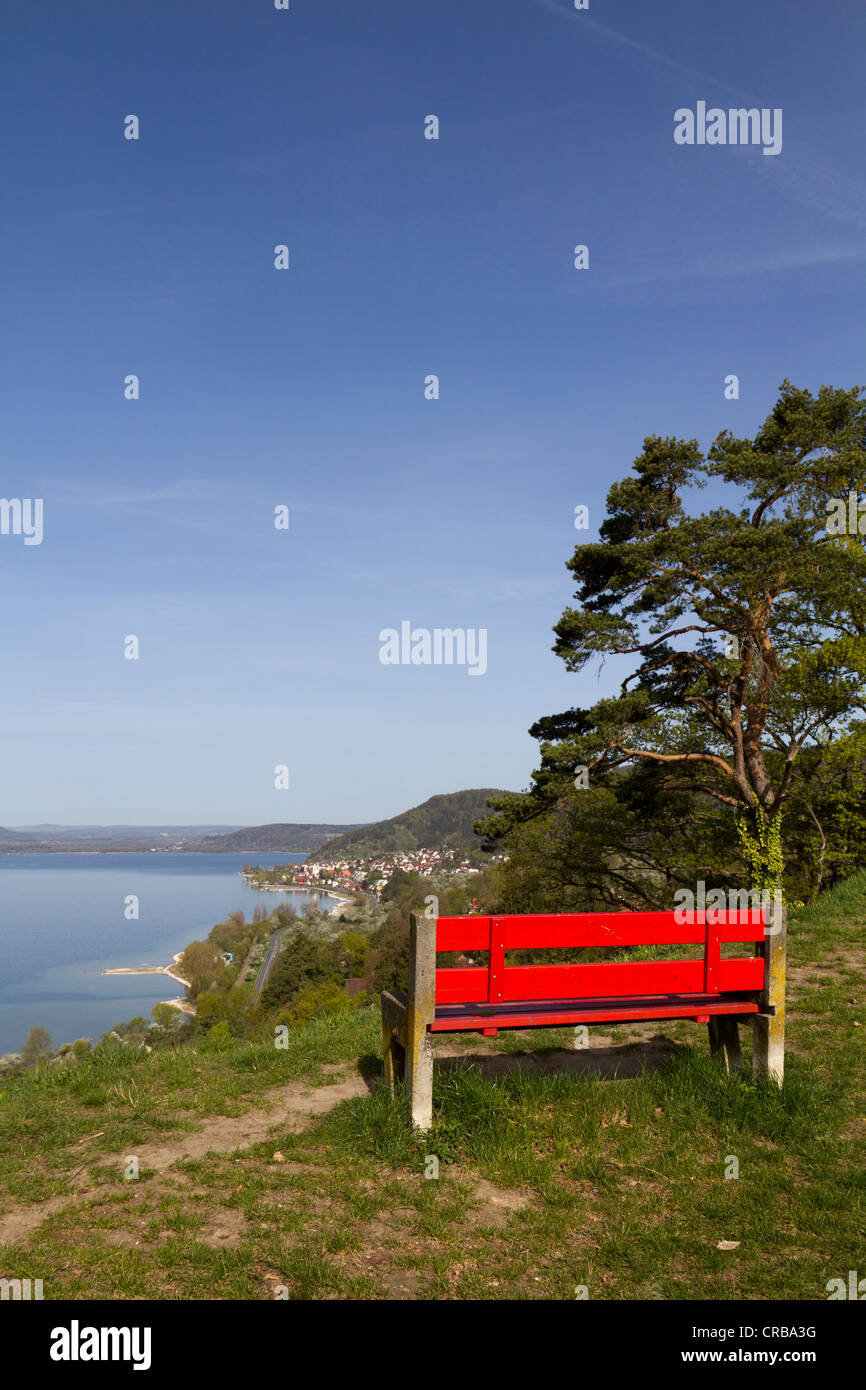 Red wooden bench above Sipplingen, Lake Constance, Landkreis Konstanz county, Baden-Wuerttemberg, Germany, Europe Stock Photo
