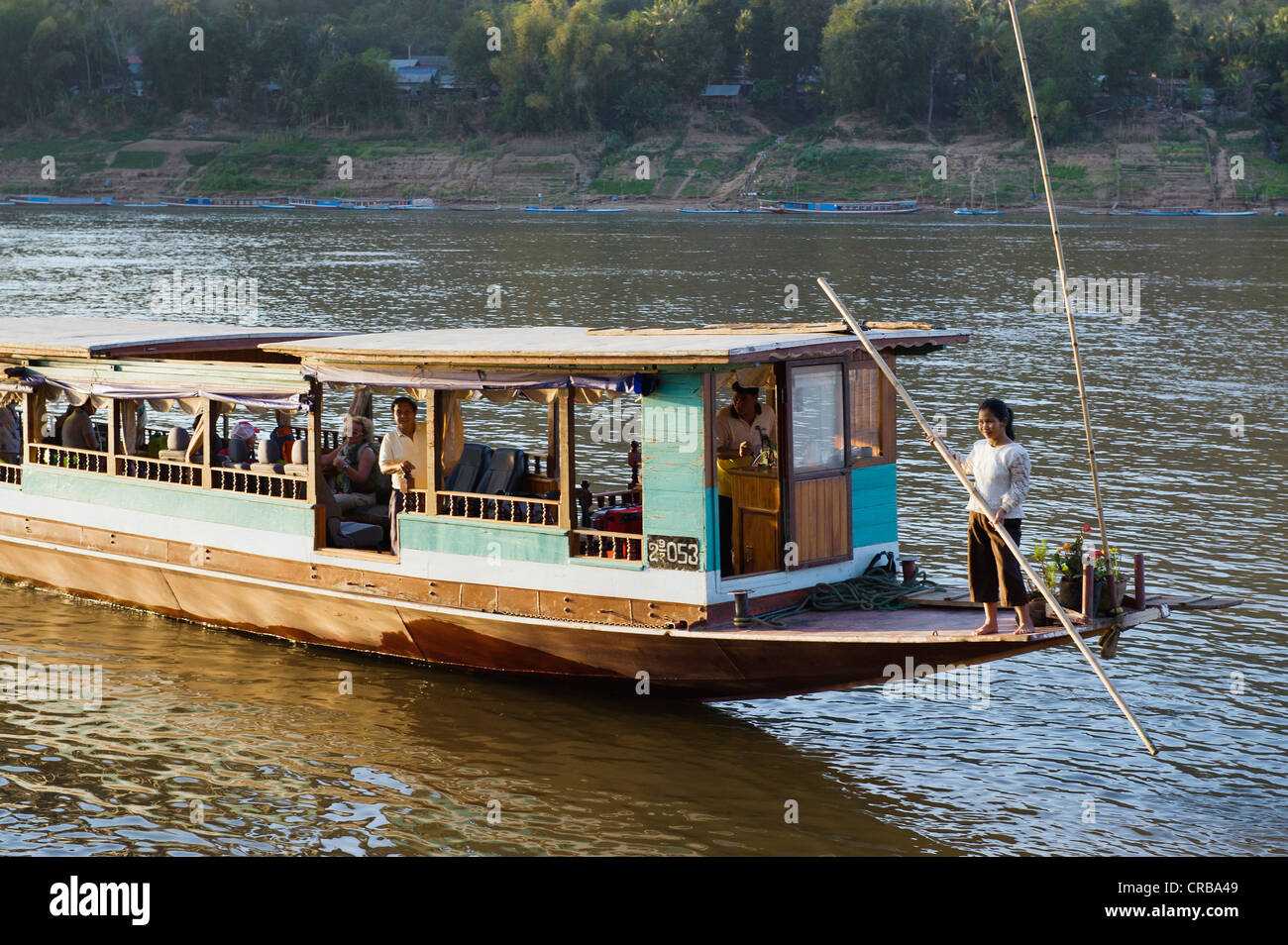 River boat on the Mekong River, Luang Prabang, Laos, Indochina, Asia Stock Photo