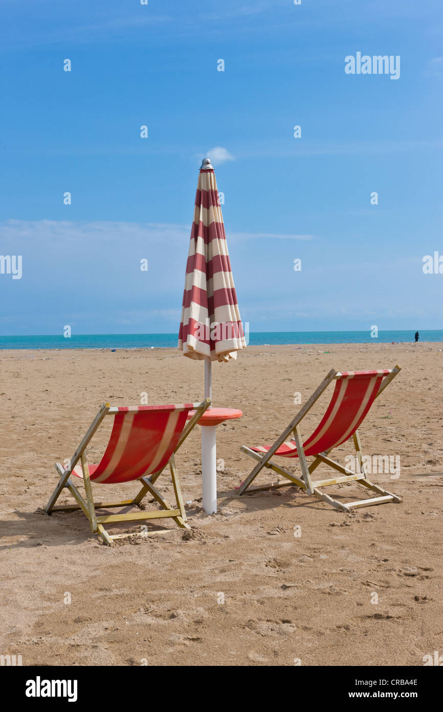 Empty beach with deck chairs and umbrellas near Rodi Garganico, Gargano, Foggia, Apulia, Puglia, Southern Italy, Italy, Europe Stock Photo