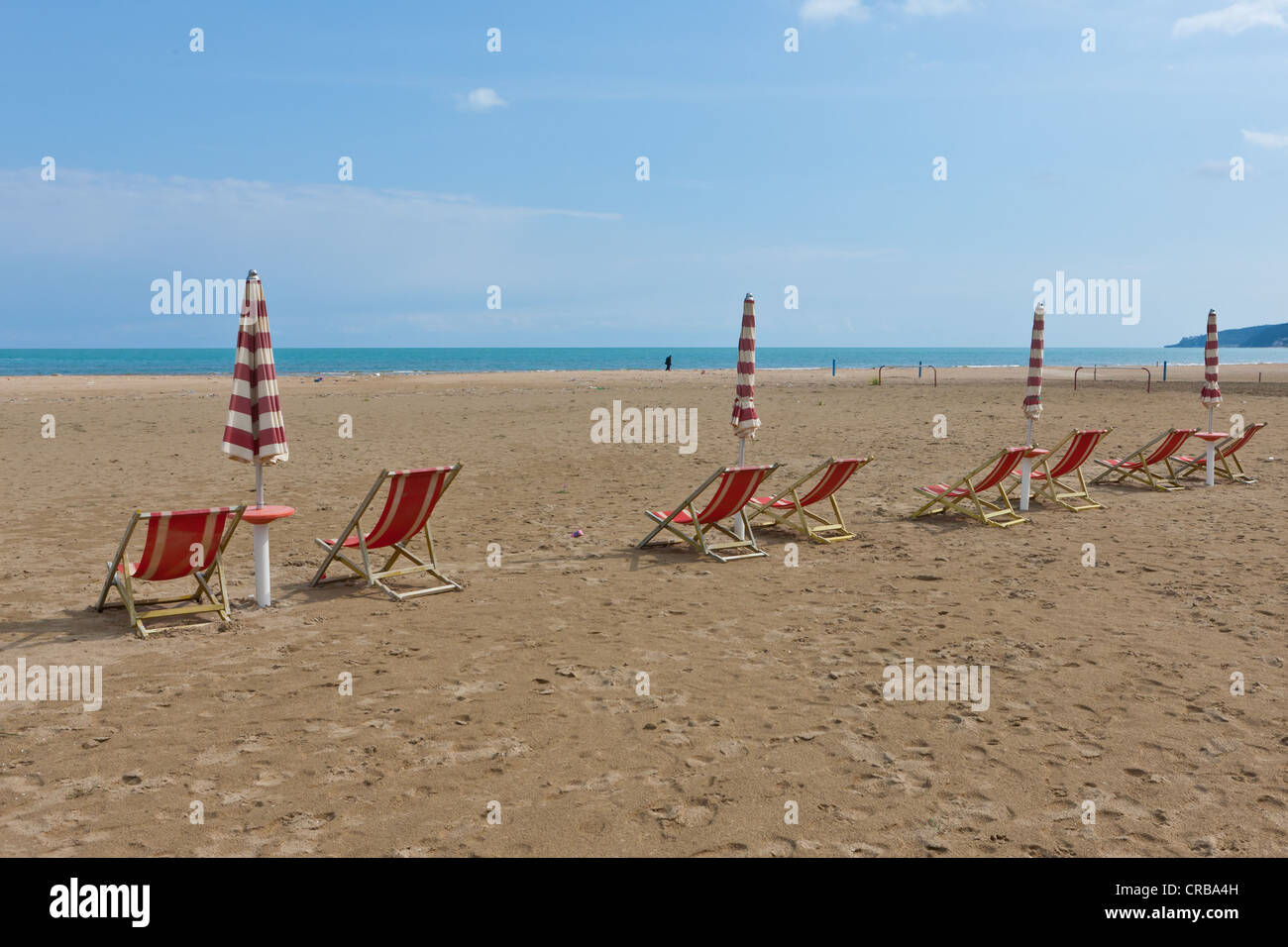 Empty beach with deck chairs near Rodi Garganico, Gargano, Foggia, Apulia, Puglia, Southern Italy, Italy, Europe Stock Photo