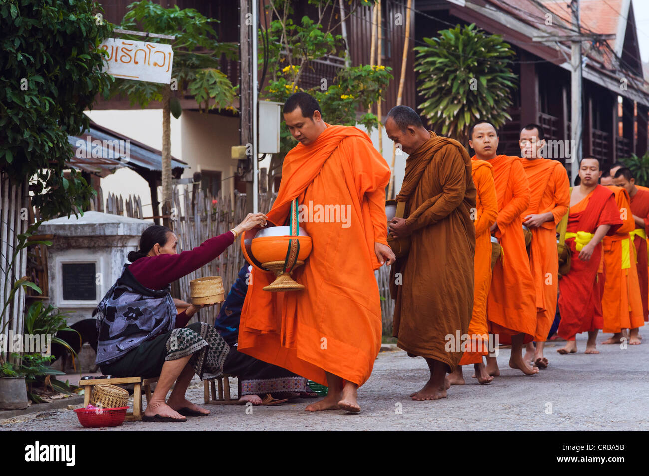 Monks on their morning alms round, Luang Prabang, Laos, Indochina, Asia Stock Photo