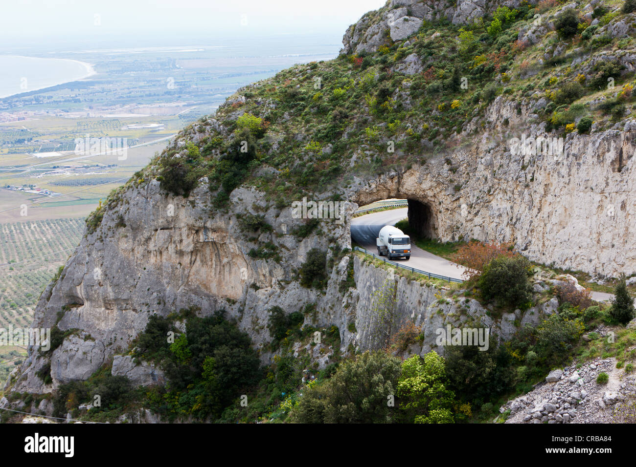 Truck on the coastal road near Manfredonia, Foggia Province, Apulia, Puglia, Gargano, Adriatic Sea, Italy, Europe Stock Photo