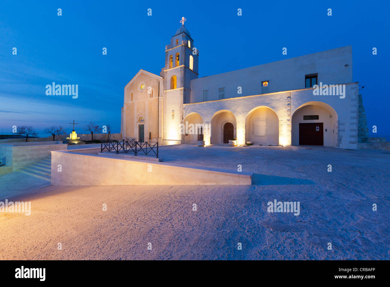 Cathedral of Vieste illuminated at dusk, Gargano, Foggia, Apulia, Puglia, Italy, Europe Stock Photo