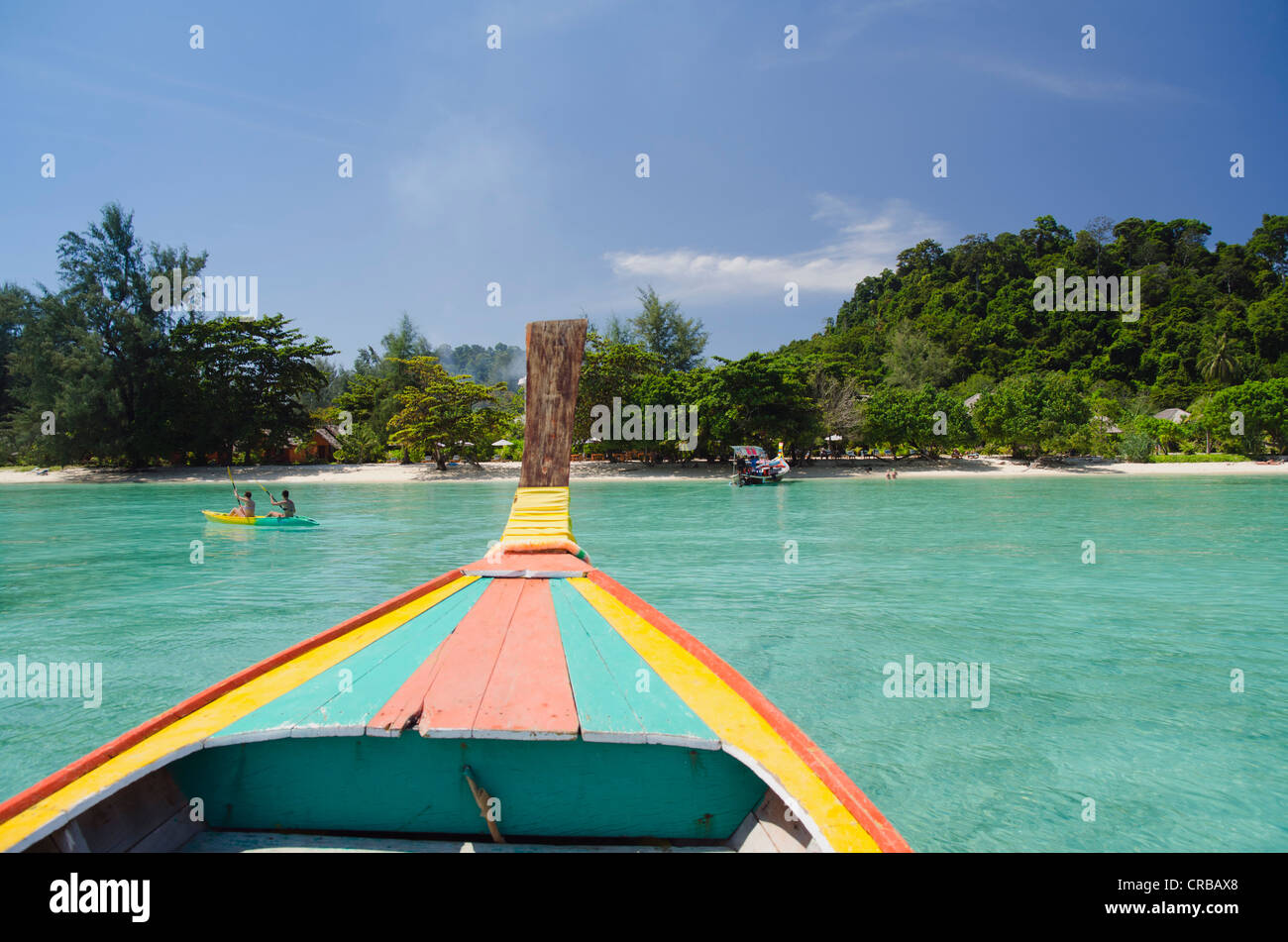 Longtail boat approaching Koh Kradan island, Trang province, Thailand, Southeast Asia, Asia Stock Photo