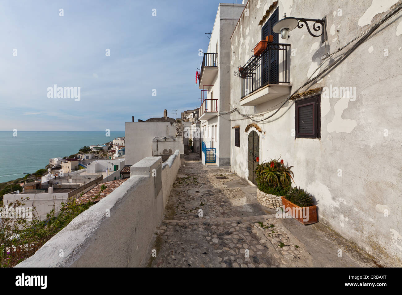 Overlooking the historic town of Peschici, Gargano, Foggia, Apulia, Puglia, Italy, Europe Stock Photo