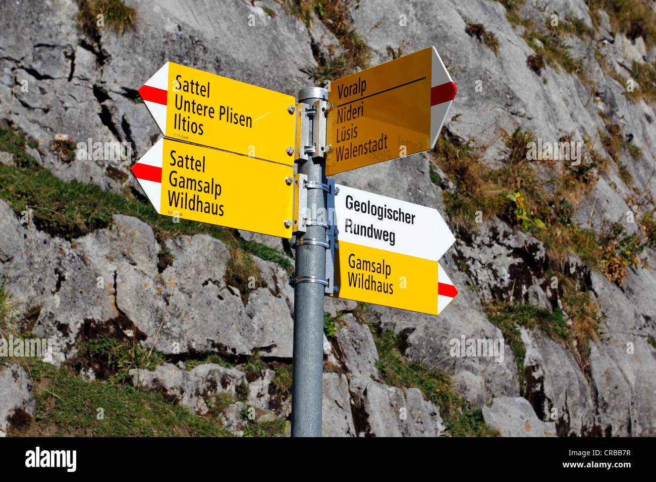 Signpost on the Gamser Rugg Mountain geological nature trail, Toggenburg, Canton of St. Gallen, Switzerland, Europe Stock Photo