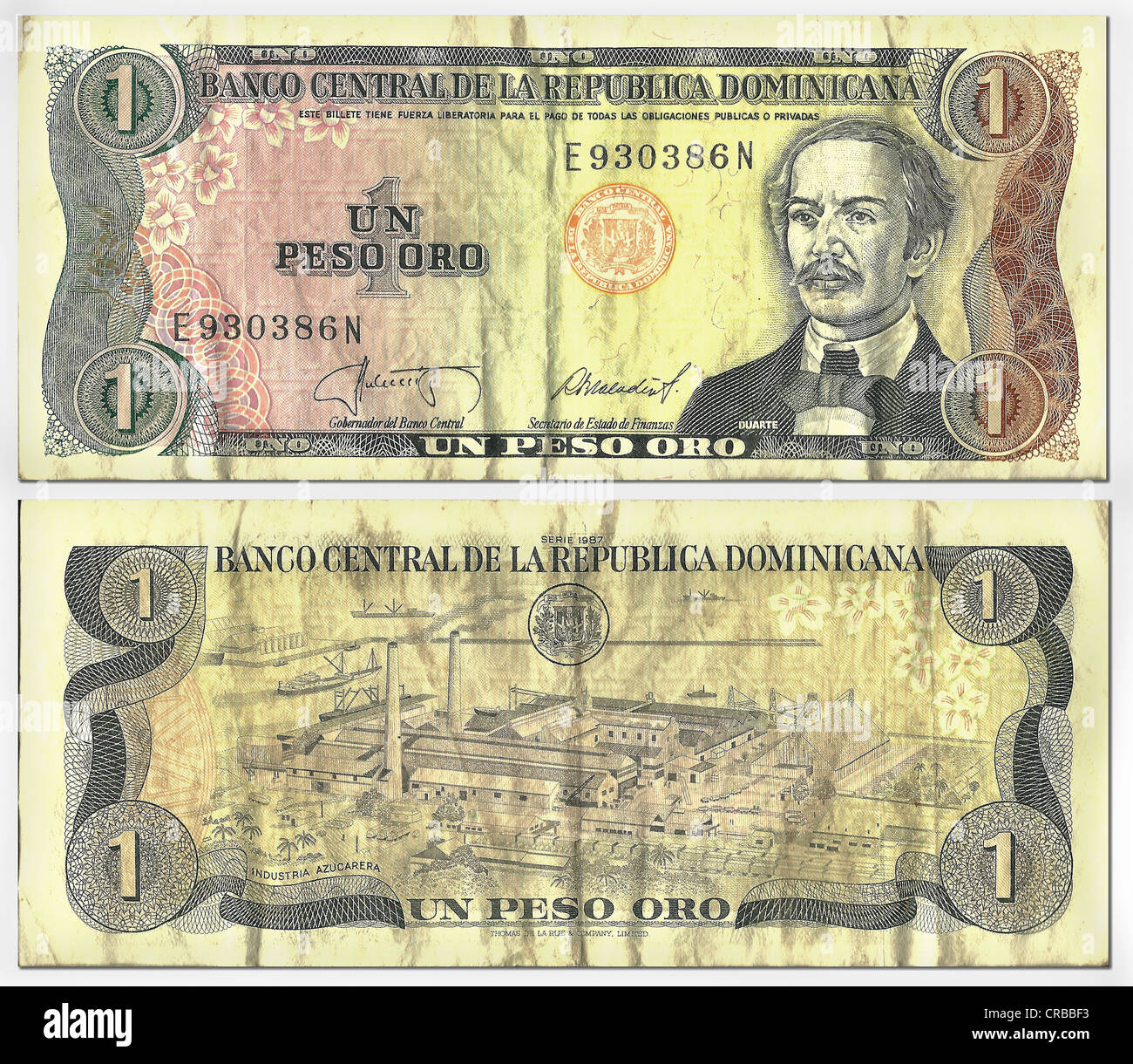 Old banknote, front and rear, 1 peso oro, Dominican Republic, Banco Central Republica Dominicana, around 1987 Stock Photo