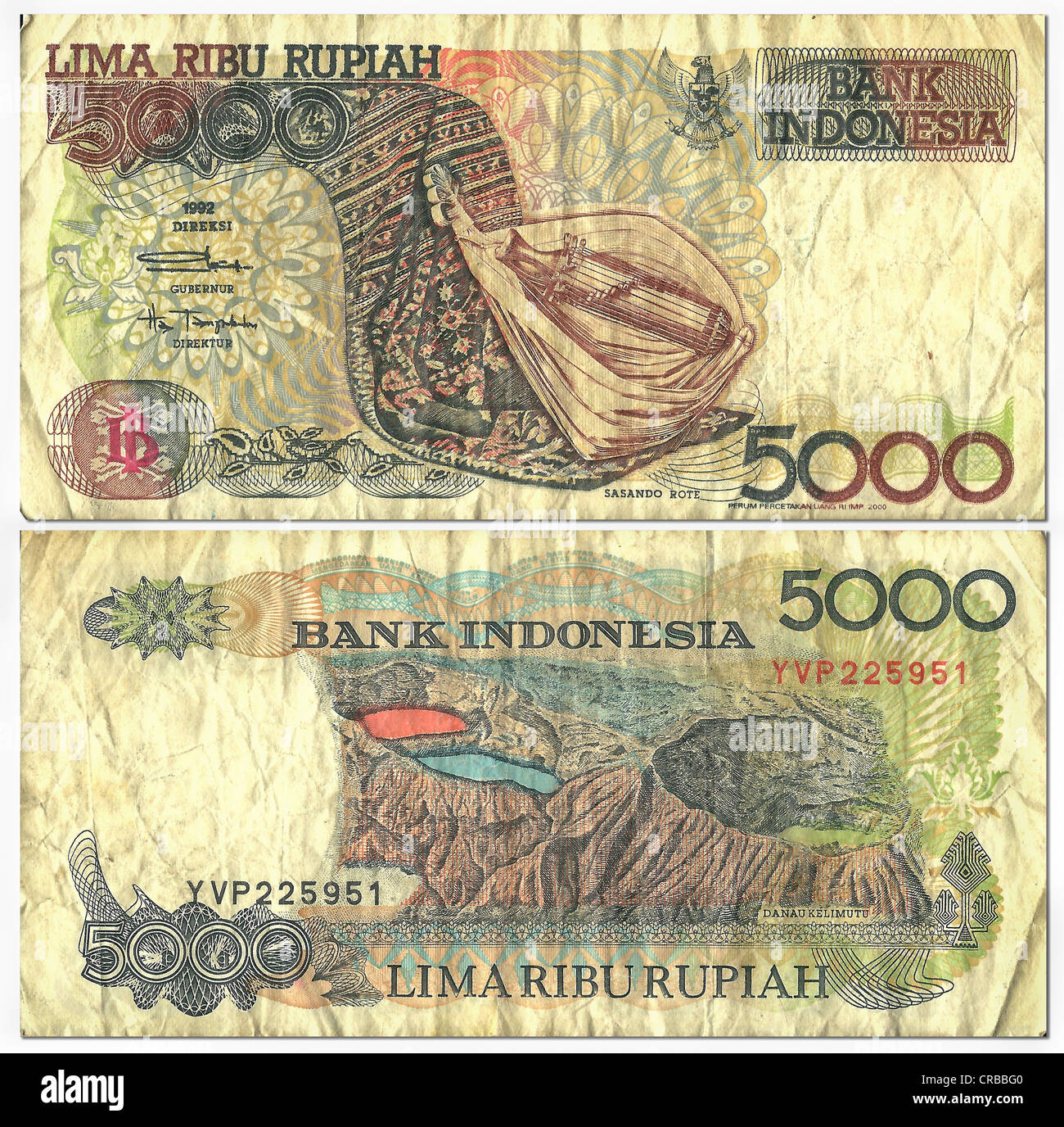 Historic banknote, front and back, 5, 000 rupiahs, Indonesia, Bank ...