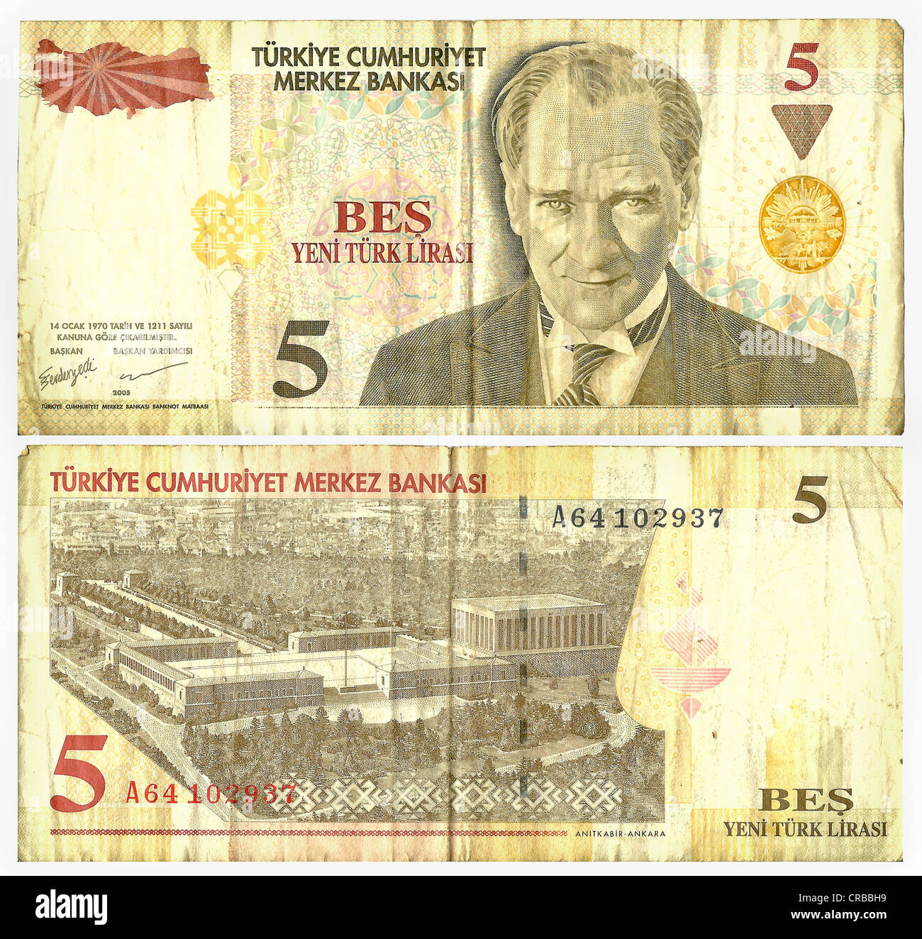 Old banknote, front and rear, 5 Turkish Lirasi, Turkish banknote, circa