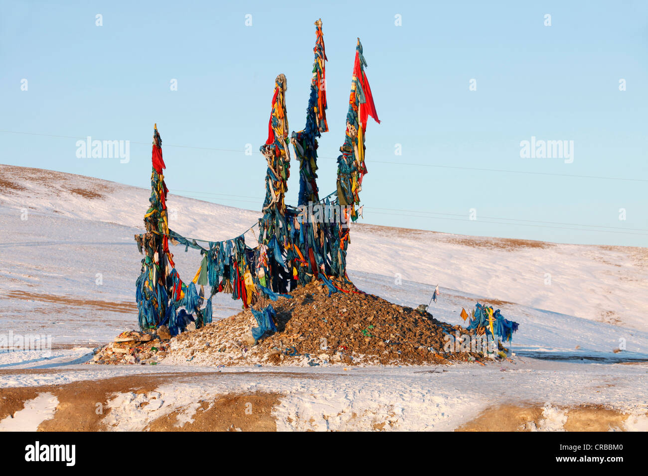 Ovoo, Mongolian shamanic stone hill or cairn, Ulaanbaatar or Ulan Bator, Mongolia, Asia Stock Photo